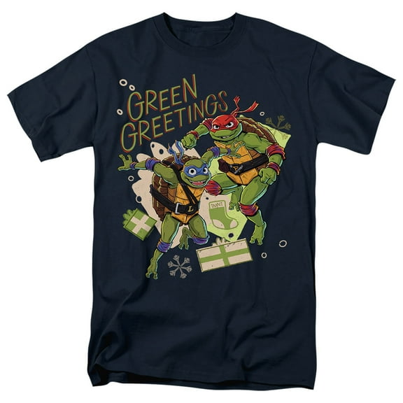 TMNT: Mutant Mayhem Christmas Greetings Leonardo Raphael Unisex Adult T Shirt, Navy, Large