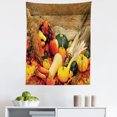 thumbnail image 1 of Harvest Tapestry, Thanksgiving Related Foods Scattered on Wooden Table Vegetables Fruits, Fabric Wall Hanging Decor for Bedroom Living Room Dorm, 5 Sizes, Vermilion Brown Green, by Ambesonne, 1 of 1