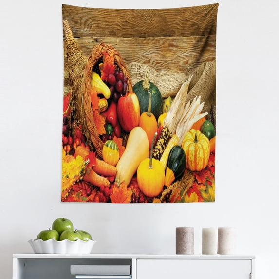 Harvest Tapestry, Thanksgiving Related Foods Scattered on Wooden Table Vegetables Fruits, Fabric Wall Hanging Decor for Bedroom Living Room Dorm, 5 Sizes, Vermilion Brown Green, by Ambesonne
