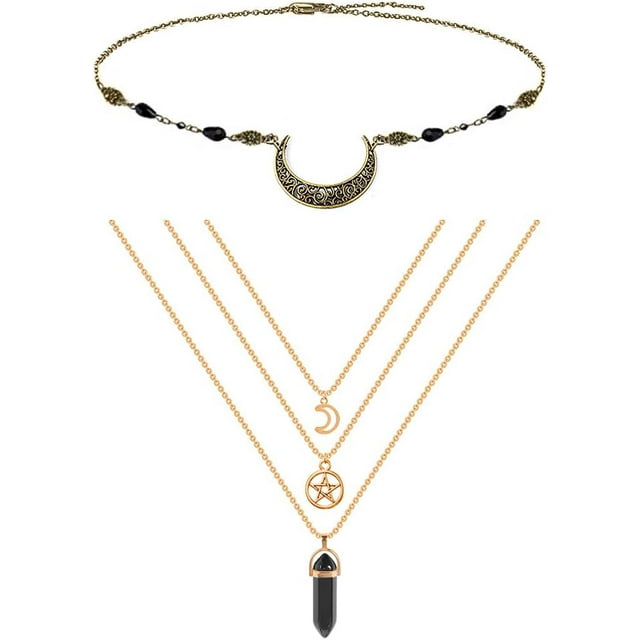 GHSDFBB MJARTORIA Années 90 Multicouche Gothique Punk Élastique Henné Tatouage Ras-du-Cou Extensible Cuir PU Ensemble de Collier à Quartz