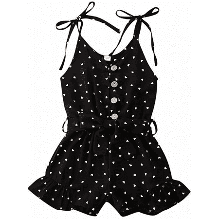 

Baby Girl Valentine s Day Romper Bodysuit Heart Print Sleeveless Strap Ruffle Jumpsuit Outfit---Black （90 cm）