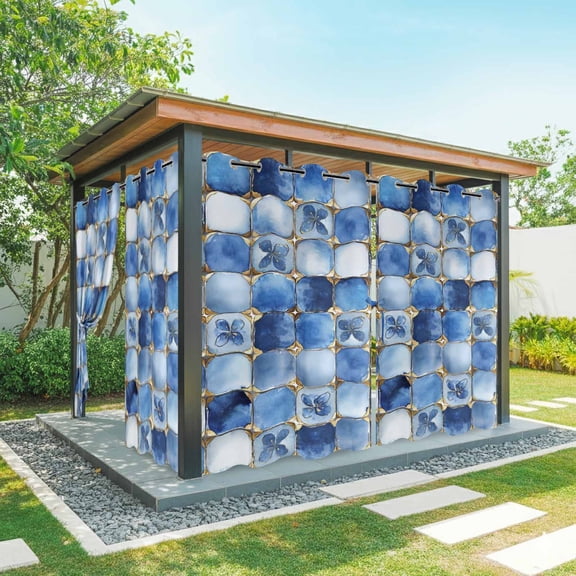 Blue Crystal Flower Outdoor Curtains for Patio Waterproof, Irregular Texture Grommet Curtains for Porch Outside Privacy Drape for Gazebo Garden Pergola, 1 Panel, 54x95in