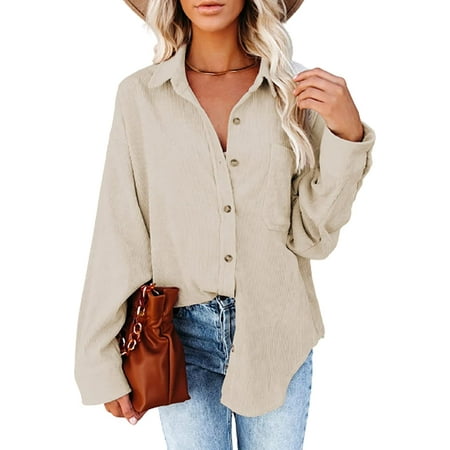 

Womens Corduroy Button Down Shirts Boyfriend Long Sleeve Oversized Blouses Tops Casual Collared Jacket