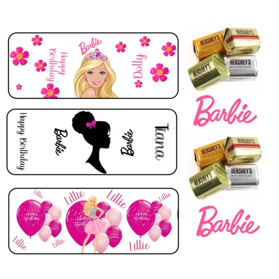 120 Personalized Birthday Party Candy Wrappers/Labels Barbie Hershey Nuggets
