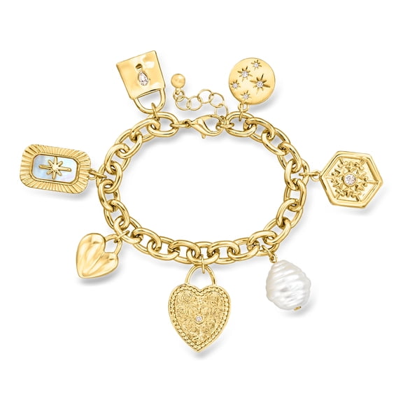 Ross-Simons 14kt Yellow Gold-Plated Charm Bracelet With Simulated Gemstones, Pearl and .50 ct. t.w. Czs, Women's, Adult