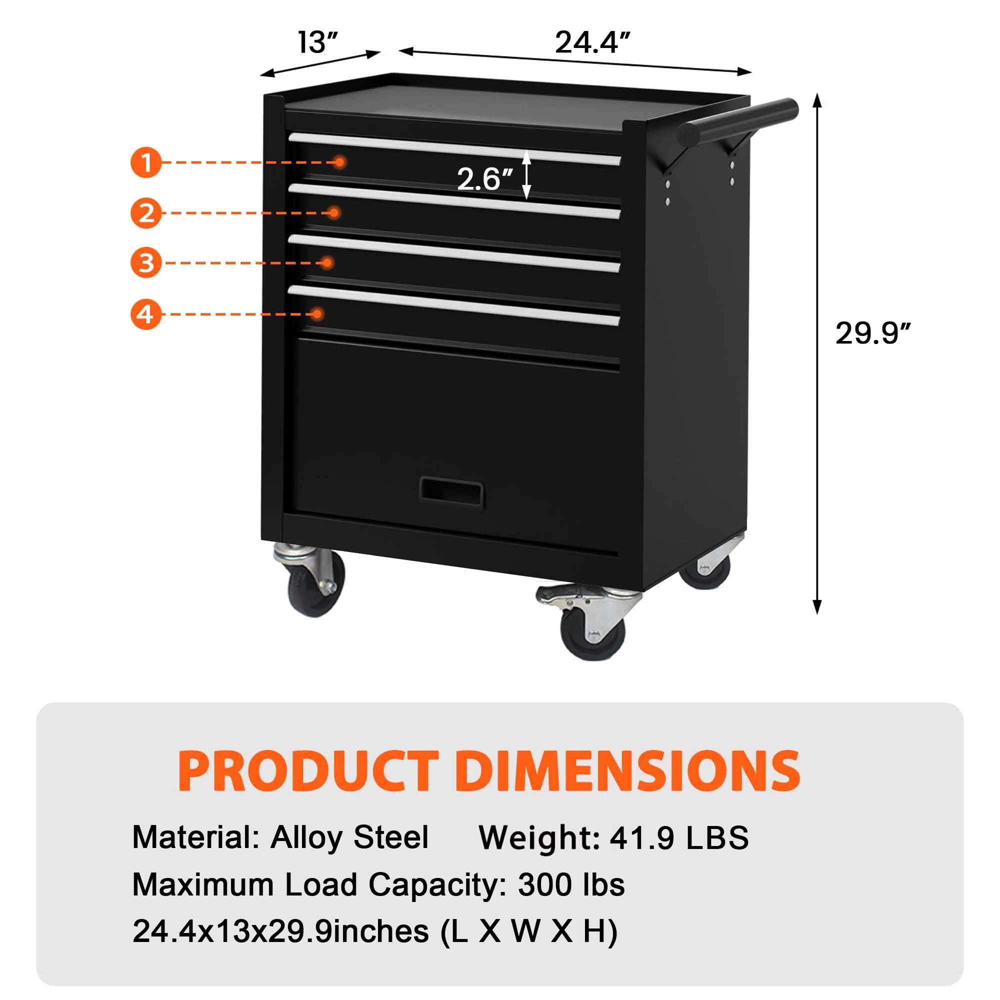 Aukfa Tool Chest, 24.5 in Steel Rolling Tool Box & Cabinet On Wheels for Garage, 4-Drawer, Black