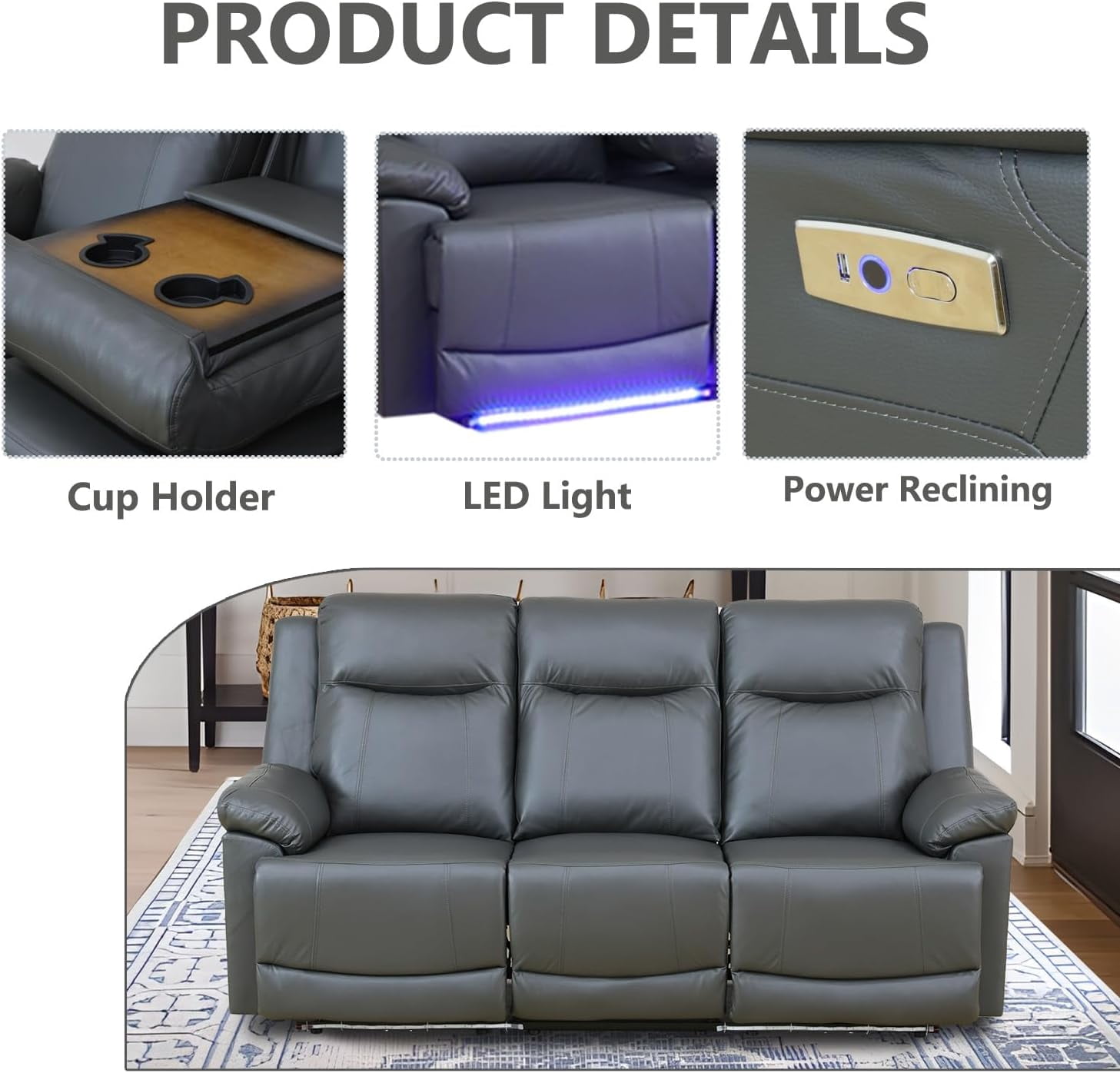 PonLiving Power Leather Recliner Sofa with LED Lights,with USB Port/Storage Console/Cup Holders.Drak Grey