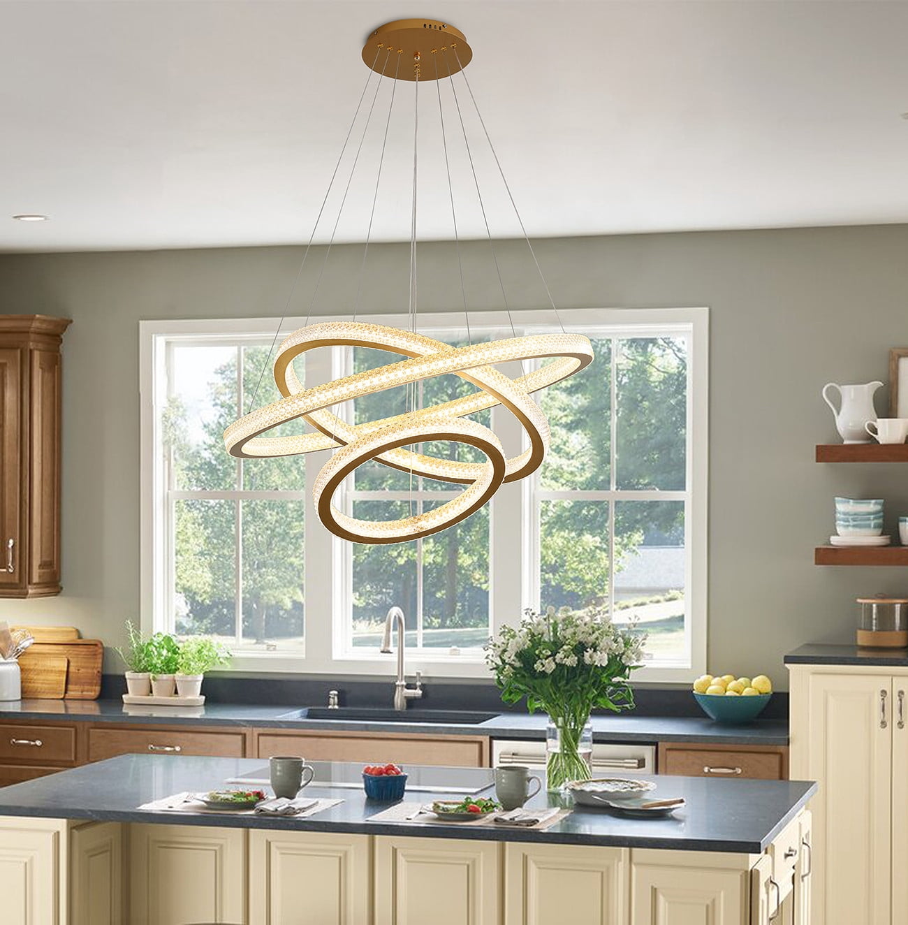 Aiwen Gold Finished 3 Tiered Crystal Rings Linear Chandelier Stylish Pendant Light