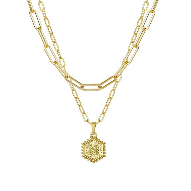 Collar de cadena chapado en oro para mujer Collar de capas con colgante de letra hexagonal Wmkox8yi sjalhkljlk5837