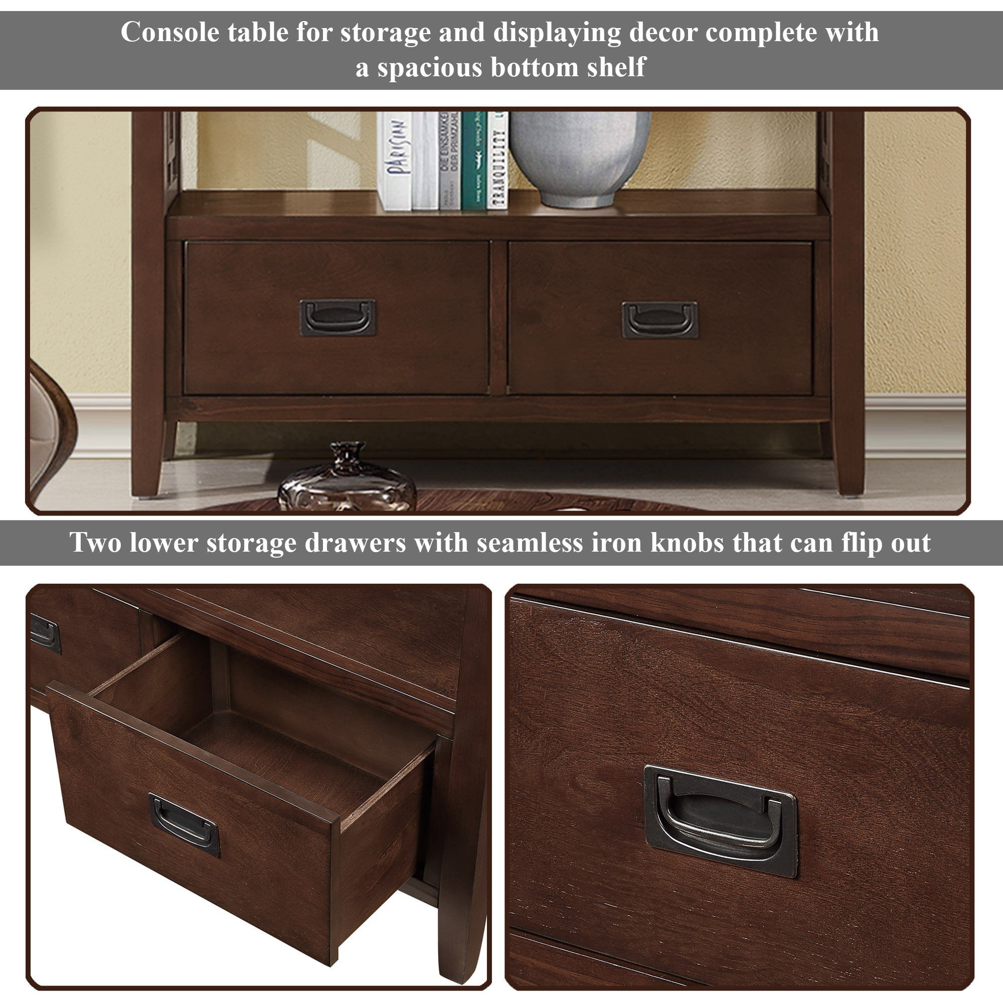 PORKISS Farmhouse Solid Wood Console Table, Entryway Table Hallway Table with 4 Drawers 1 Storage Shelf, Sofa Table for Living Room, Foyer, Espresso