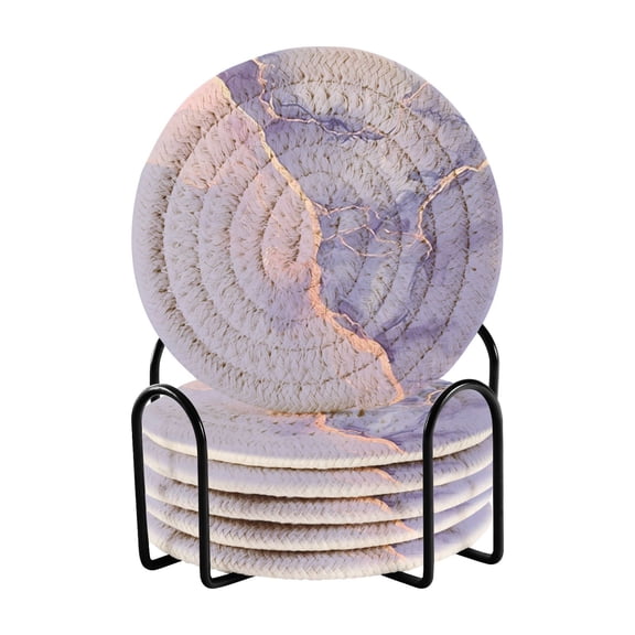 Haosy Set of 6 Drink Woven Coaster with Holder Heat Resistant Non-Slip Bar Coasters 4 Inches Purple Gold Marble