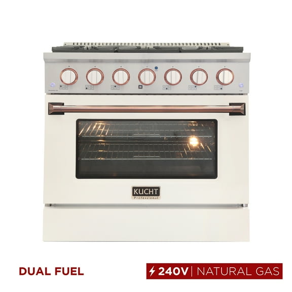 36 in. 5.2 cu. Dual Fuel Range for Natural Gas in Rose Gold Handle & Ring Knobs.
