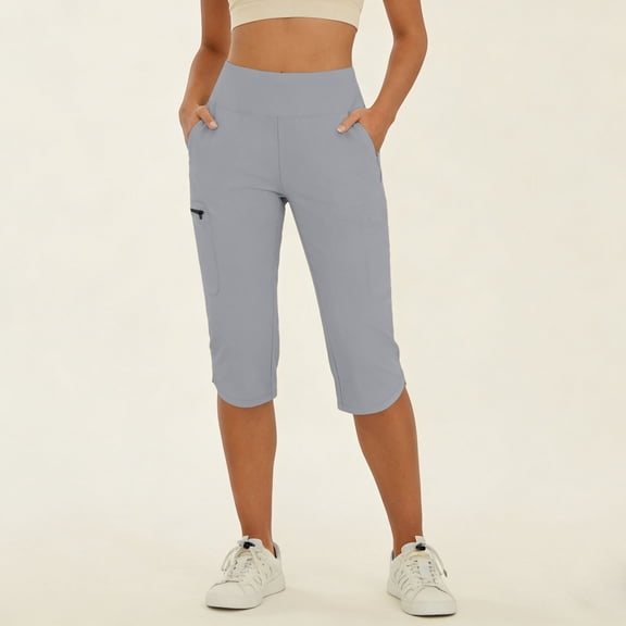 Capri Pants for Women Summer Yoga Leggings with Pockets Slim Fit Workout Gym Capris Straight Leg Yoga Trousers Gray L