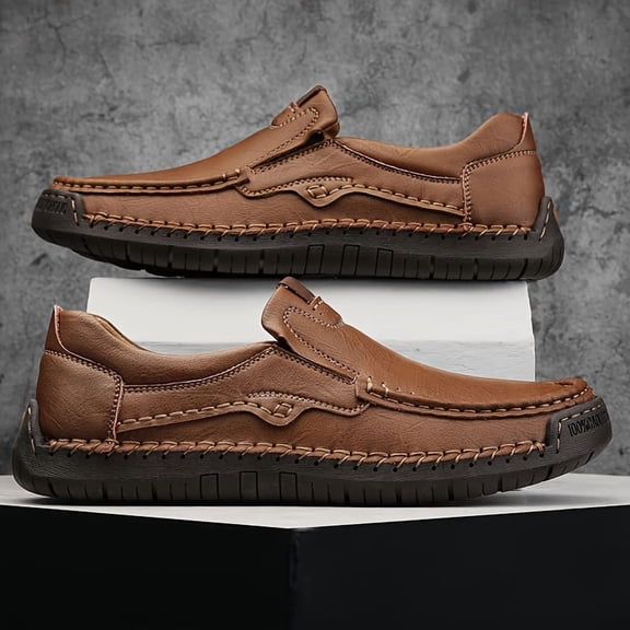 Men's All-Season New Arrival Hand-Stitched Low-Top Flat British Style Slip-On Loafers, Fashionable Business Vintage Casual Shoes, Dad Style Loafers, Large Size Men's Shoes