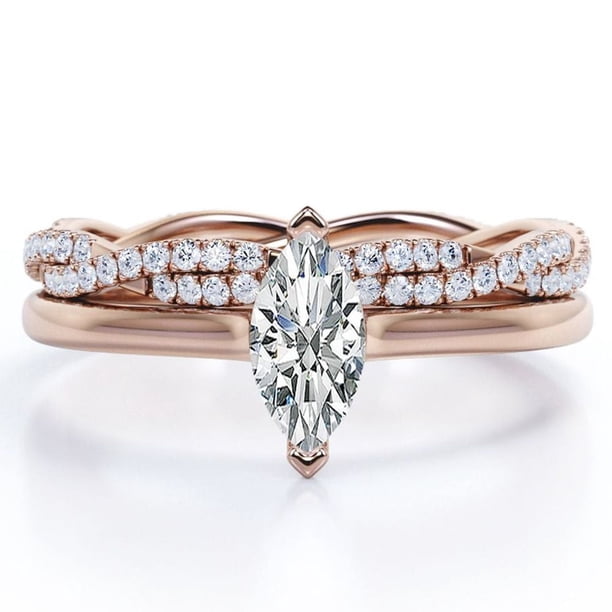 JeenMata Anillo de Compromiso Solitario de Talla Marquesa de 1,75 Quilates con Banda Nupcial Infinita Engastada en Oro Rosa de 18 K sobre Plata (Personaliza Tu Banda Nupcial)