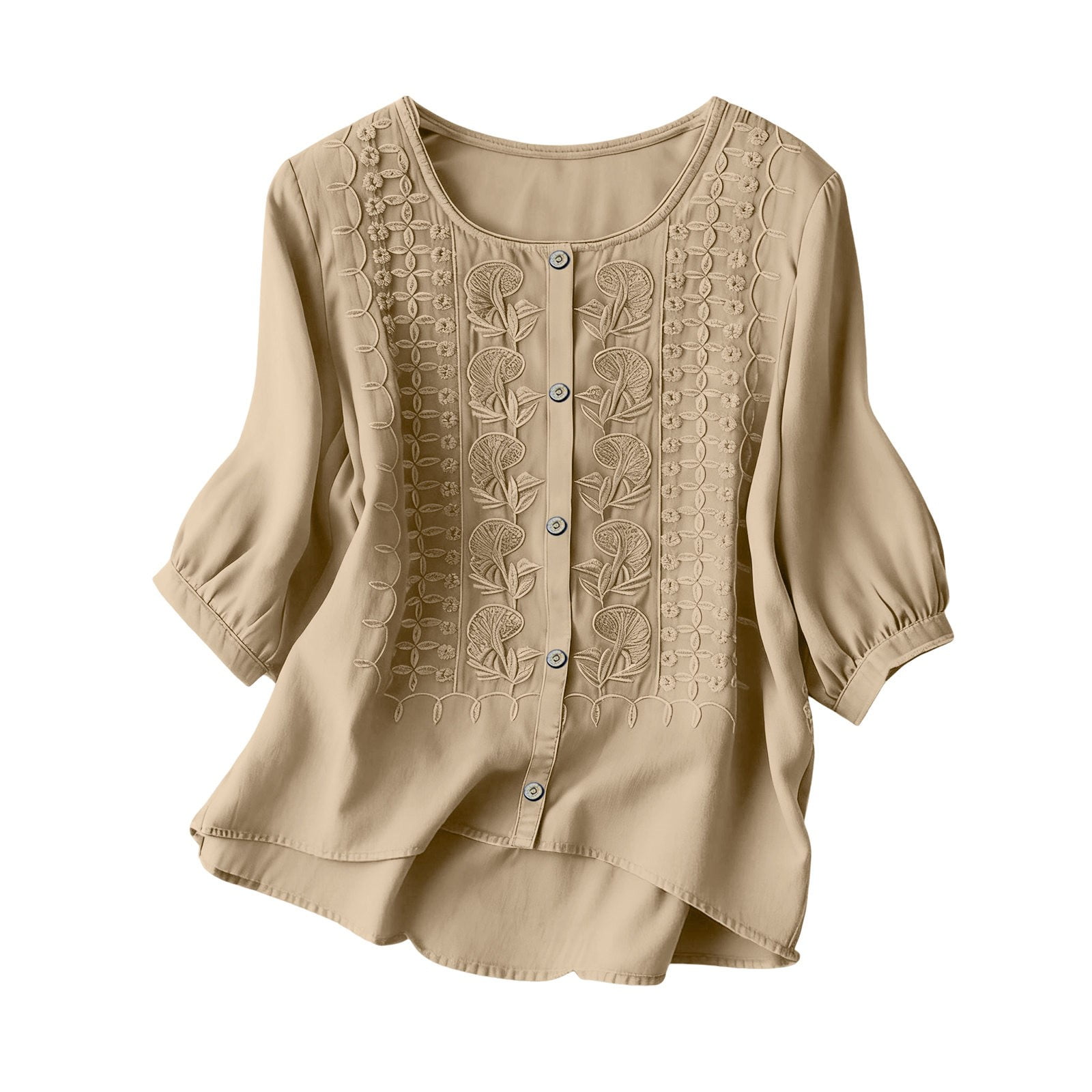 Embroidered Tops for Women - 3/4 Sleeve Crew Neck Blouses Boho Lightweight Loose Fit Shirts Dressy Casual Business Tops for Daily Wear 2026 Fall Clothing Fashion Trendy Outfits Khaki 2XL