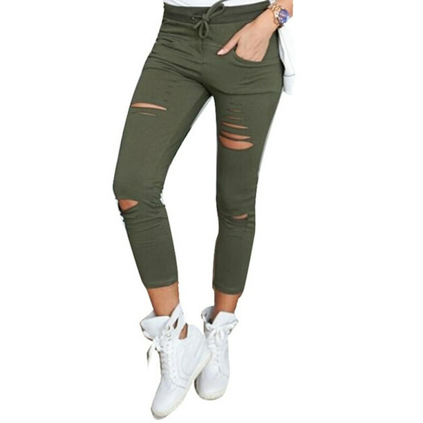 Women Skinny Ripped Holes Jeans Pants Casual Stretch Slim Pencil ...