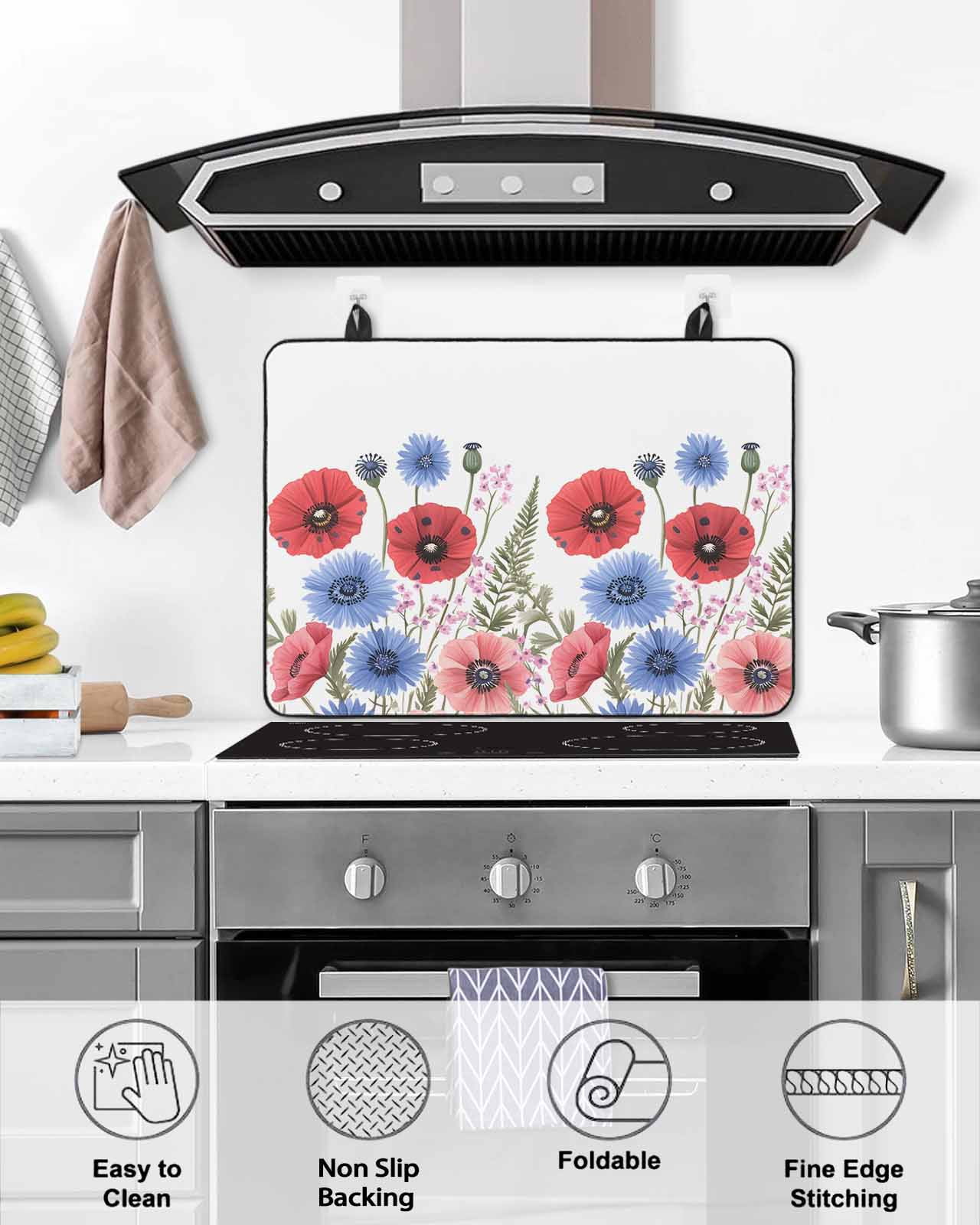 nqOlkjepod Large Induction Cooktop Protector Mat 24"x21", Red Poppy Flower Stove Top Covers for Electric Stove, Blue Pink Floral Botanical Plant Leaf Stove Burner Cover Mats, Glass Top Stove Cover