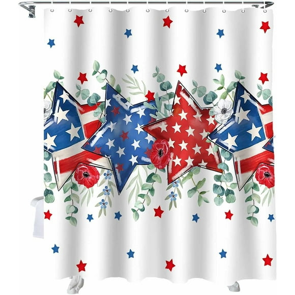 4th of July Shower Curtain Patriotic Star American Flag Shower Curtains for Bathroom Decor Independence Day Eucalyptus Leaves Memorial Bath Curtains Sets with Hooks Waterproof Standard 72"x72"
