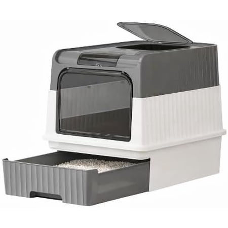 Foldable Enclosed Cat Litter Box with Drawer and Lid - Top Entry Splash-Proof Cat Toilet Odor-Proof and Leak-Proof and Spaceful Lightweight and Portable Pet Toilet with Scoop (Grey)