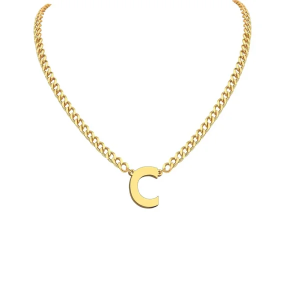 PAMTIER Initial Necklace for Mens Cuban Chain A-Z Letter Pendant Necklaces Stainless steel Anniversary Christmas Jewelry Gold C