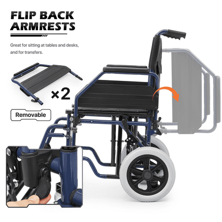 monicare *FDA APPROVED* Transport Wheelchair 300lbs Weight Capacity, Folding Transport Wheelchair with Removable Flip Back Armrests & Swing-Away Footrests, Blue