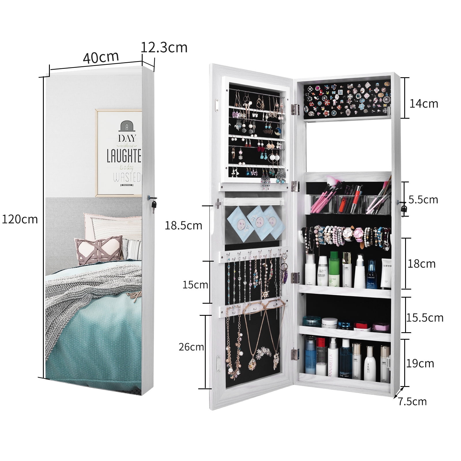 Lowestbest Retro Wood Grain Mirror Cabinet, Decoration Storage Dressing Mirror Jewelry Cabinet, White