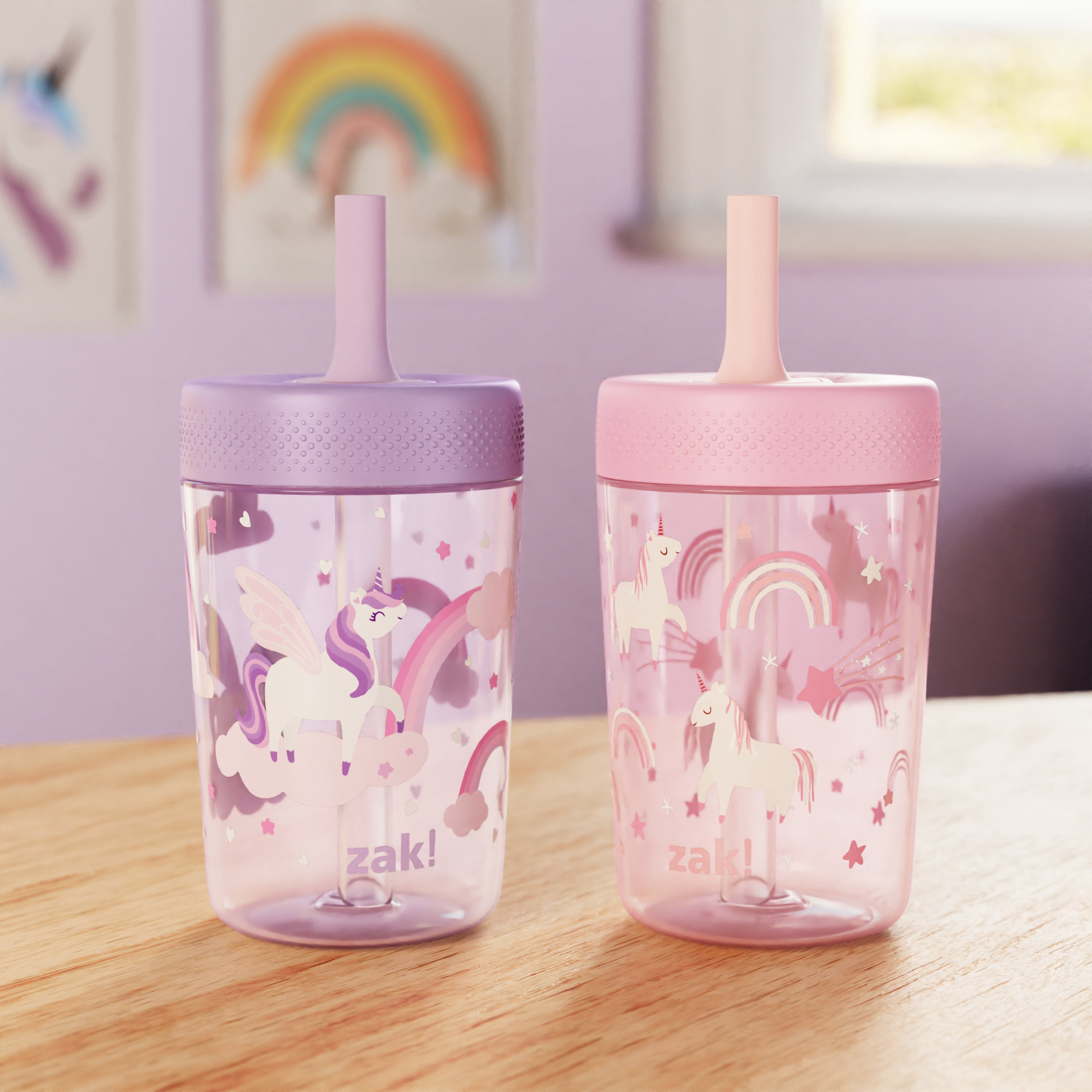 Zak Designs 12oz Rainbow Magic Durable Plastic Capri Tumbler with Straw, 2 Pack