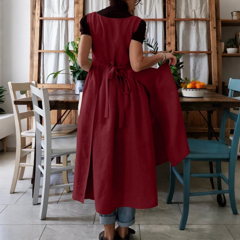 red pinafore dress womens Hinvhai Women Plus Size Solid Color Vintage Pleated Split Apron Pinafore Dress with Two Pockets Red, Women's, Size: Large