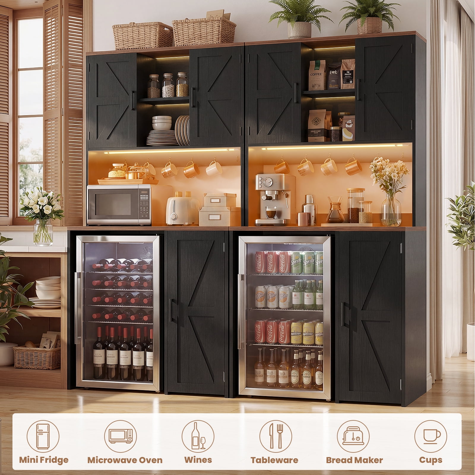 Aheaplus 2-in-1 Mini Fridge Cabinet & Coffee Bar Station Bundle - with Power Outlet, LED Light, Microwave Shelf & Storage, Ideal Beverage Center for Kitchen, Dorm, Office,Black