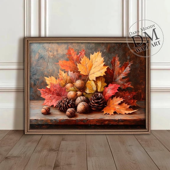 Autumn Leaves And Acorns Still Life, Moody Wall Art, Rustic Fall Nature Table Print, Wall Art, Modern Wall Decor, 8x12 UNFRAMED
