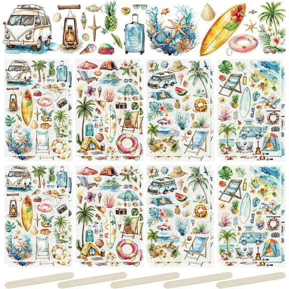 16 Sheets Rub On Transfer Sticker, Summer Beach Stickers Waterproof Transfer Decals for DIY Scrapbooking Photo Albums Furniture,5.9 * 3.9in
