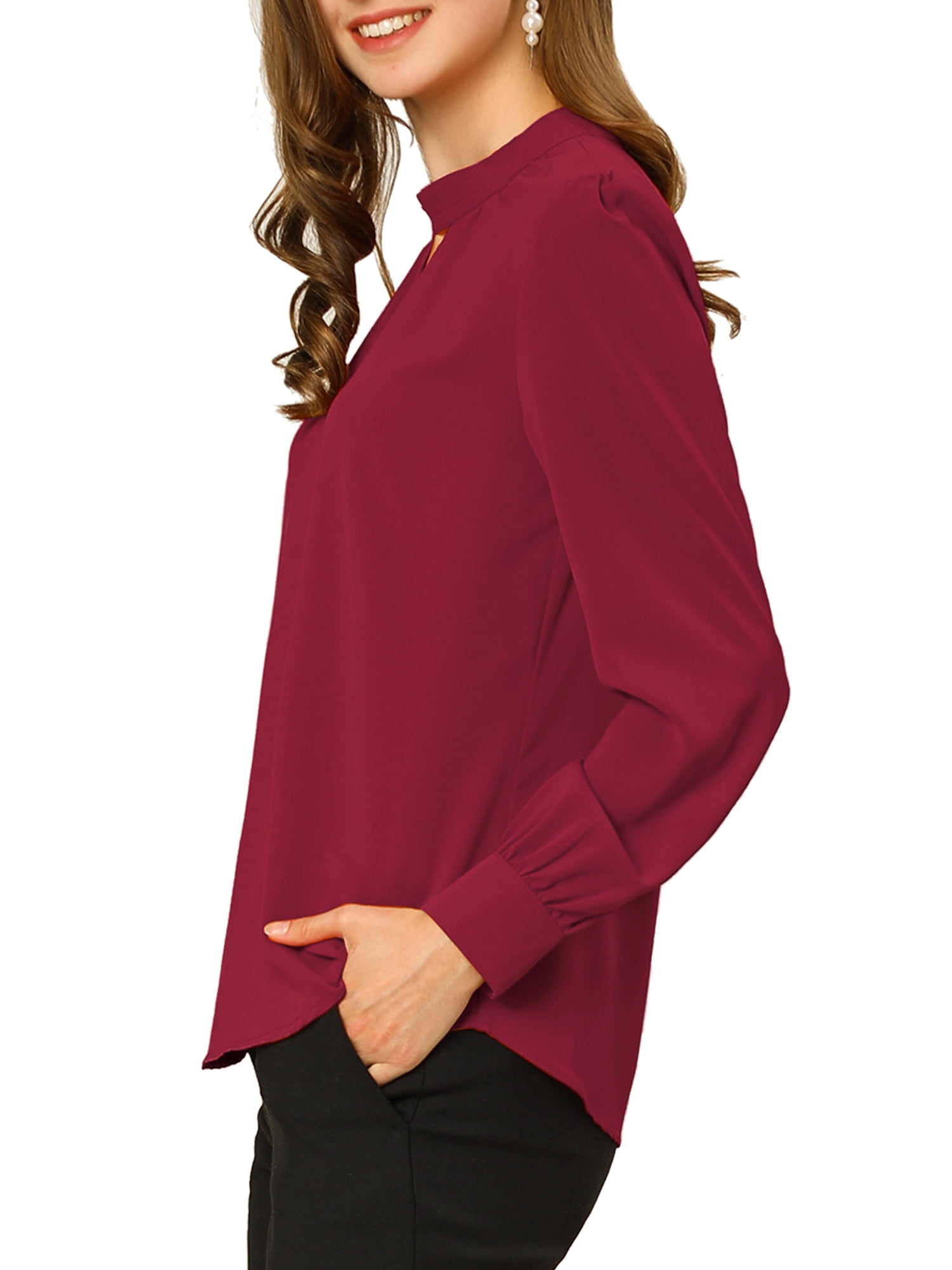 DARING DIVA Women's Stand Collar Long Sleeve Office Blouse XL Burgundy