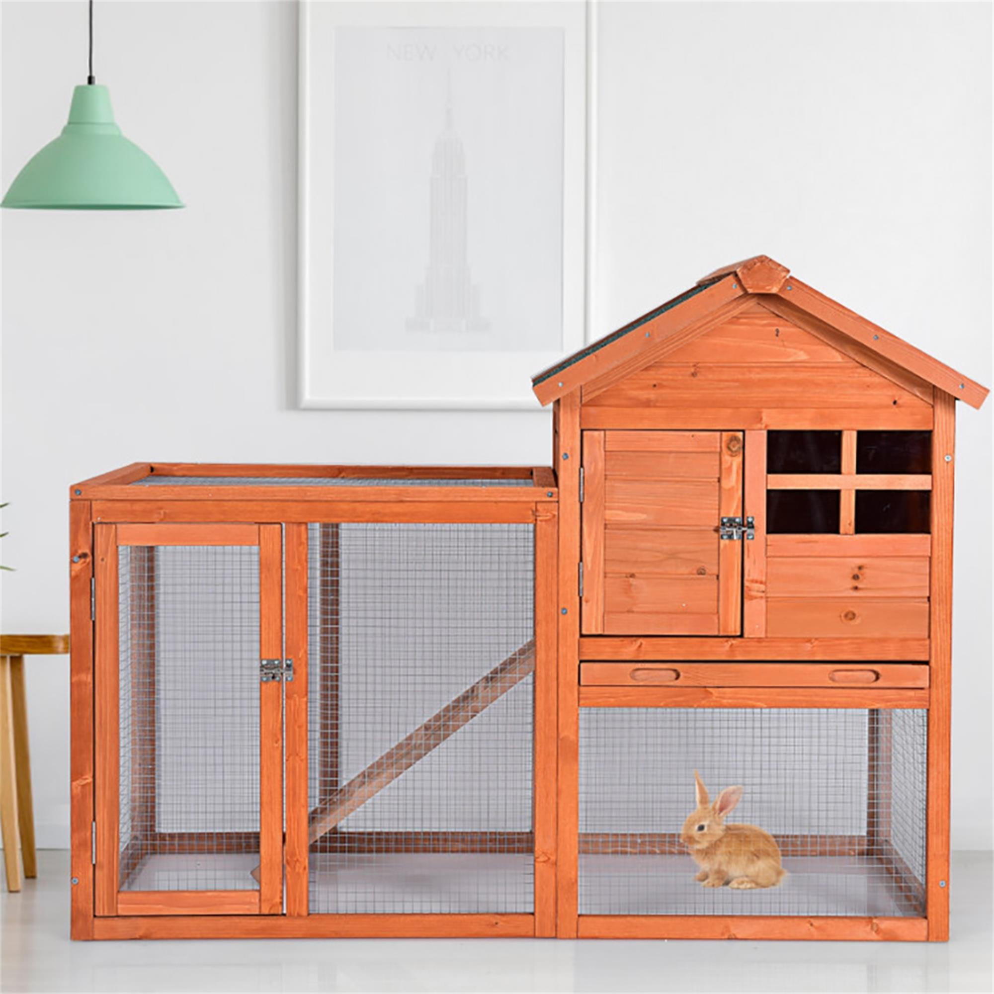 Kadyn 48" Wood 2 Tier Chicken Coop Habitat, Rabbit Hutch for Outdoors, Indoor Guinea Pig Coop Pet House with Stairs, Orange