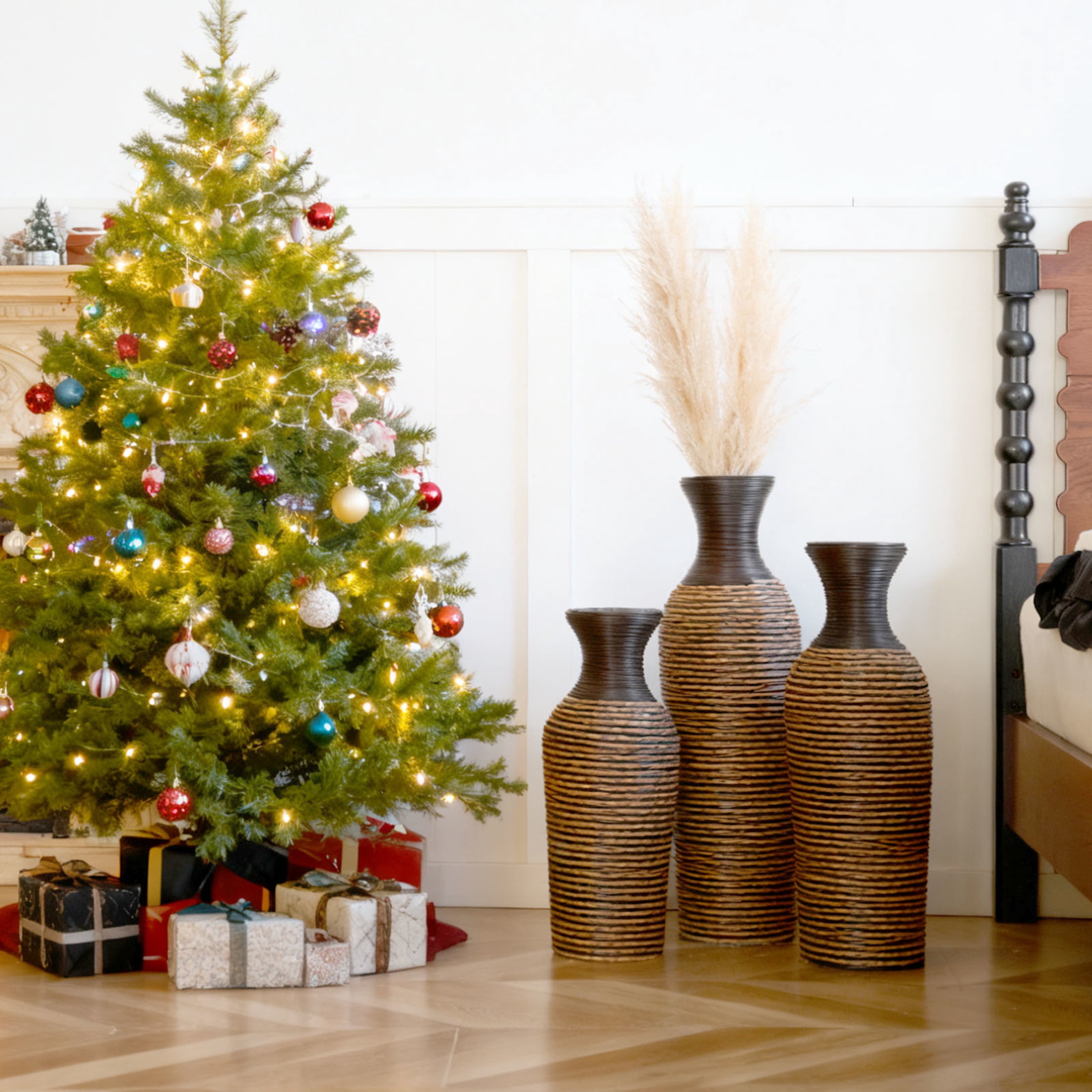 Noble House 19.69", 23.62", 27.56" PVC Floor Vase Set of 3, Hand-Woven Rattan-Like, Black + Beige