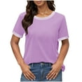 thumbnail image 2 of Bzhegqhd Women's New Solid Color Round Neck Top T-shirt Short Sleeved Contrasting Thread, 2 of 7