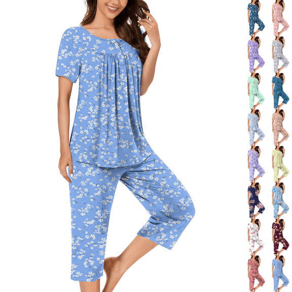 Asgosdo Pajamas for Women Short Sleeve Sleepwear Tops and Capri Pants Pjs Print Pajama Sets
