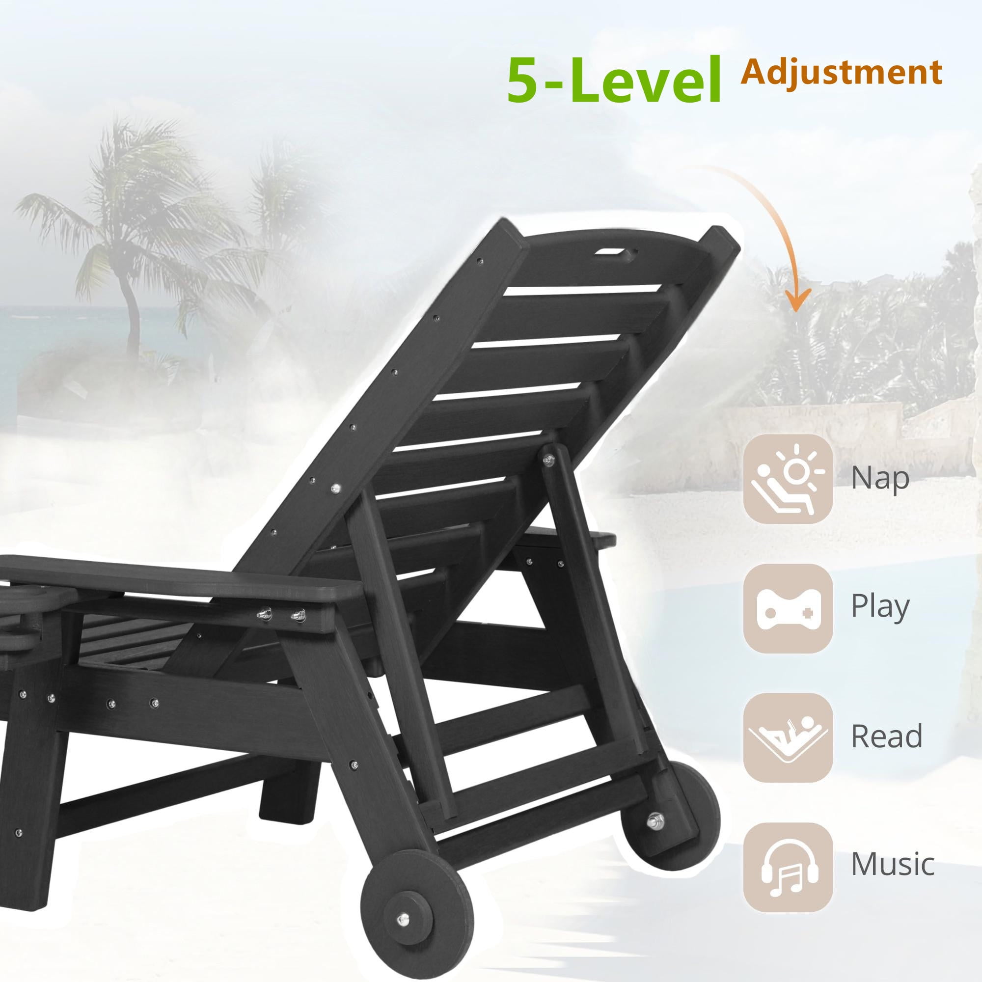 Aukfa 3 Pcs Outdoor Patio Chaise Lounge w/ Coffee Table&Cup Holder, Adjustable Backrest, HDPE, Gray