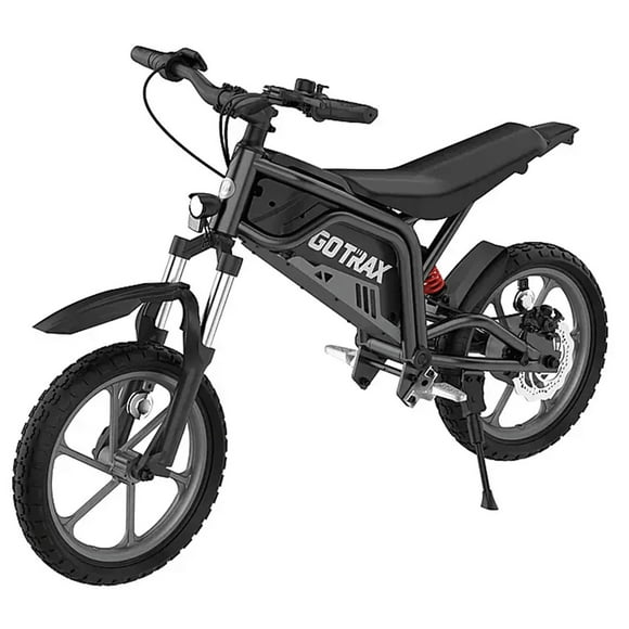 GOTRAX Fitz16 Vélo Électrique Tout-Terrain pour Enfants de 16 Pouces, Moteur de 350 W, Double Suspension, jusqu'à 15,5 Mi/h et Autonomie de 16 Mi, Freins à Disque Doubles, Phare DEL, Cadre en Aluminium pour 8 Ans et Plus, Noir