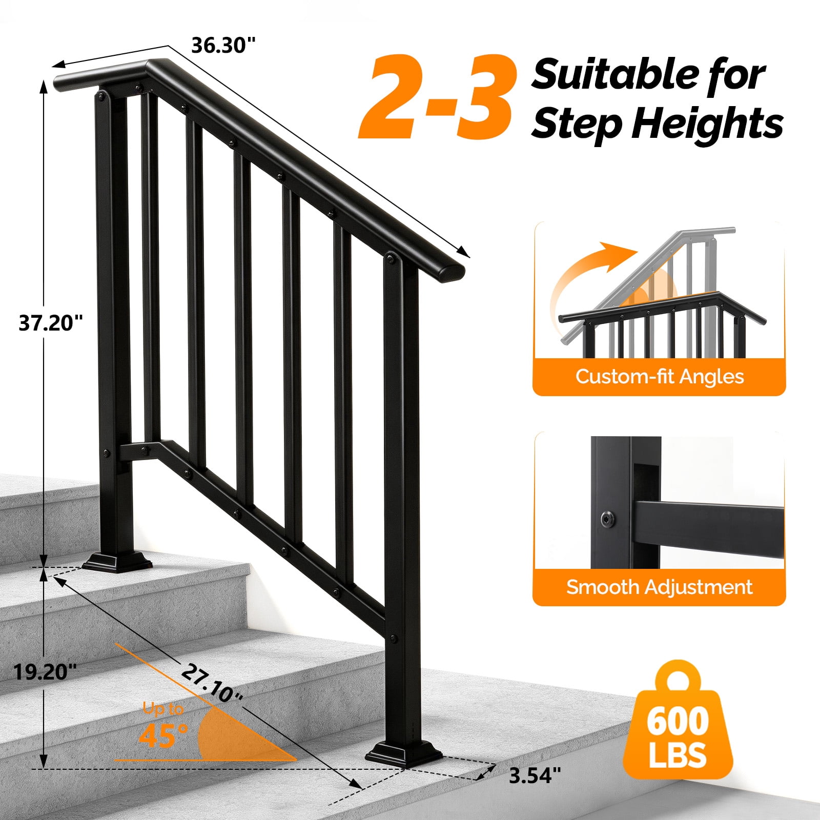 Handrails for Outdoor Steps Fits 2 to 3 Steps