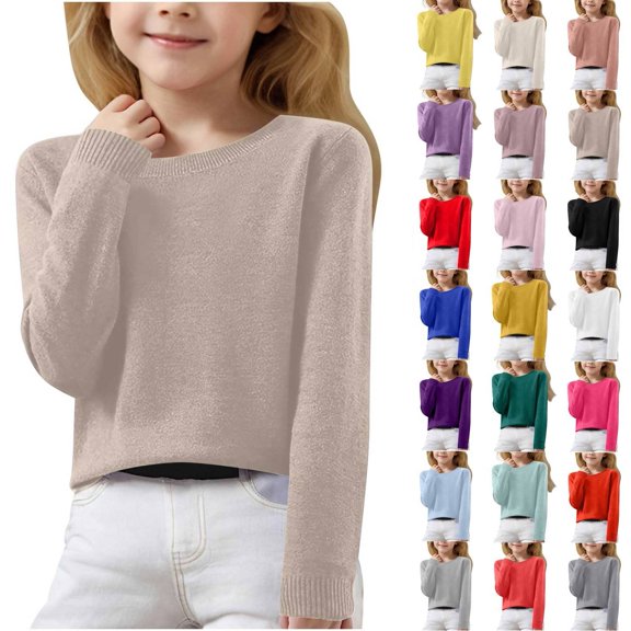 Fshiont Sweaters for Girls Teen Kids Crewneck Long Sleeve Pullover Oversized Knit Sweater Winter Casual Warm Clothes Khaki 11-12Y