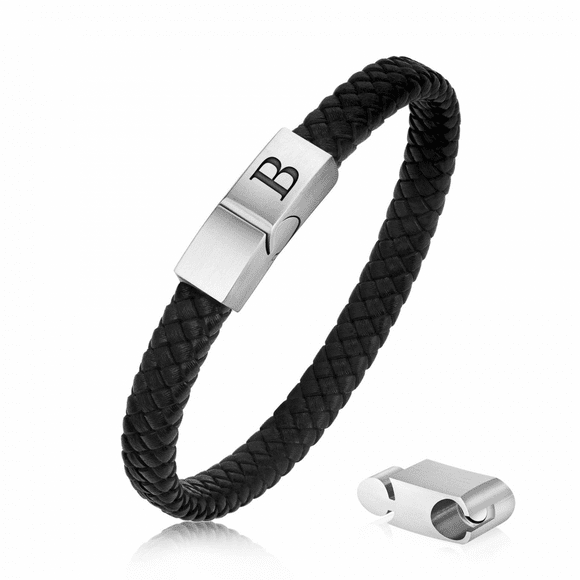 Men's leather bracelet, adjustable men's leather bracelet with stainless steel magnetic buckle woven leather bracelet