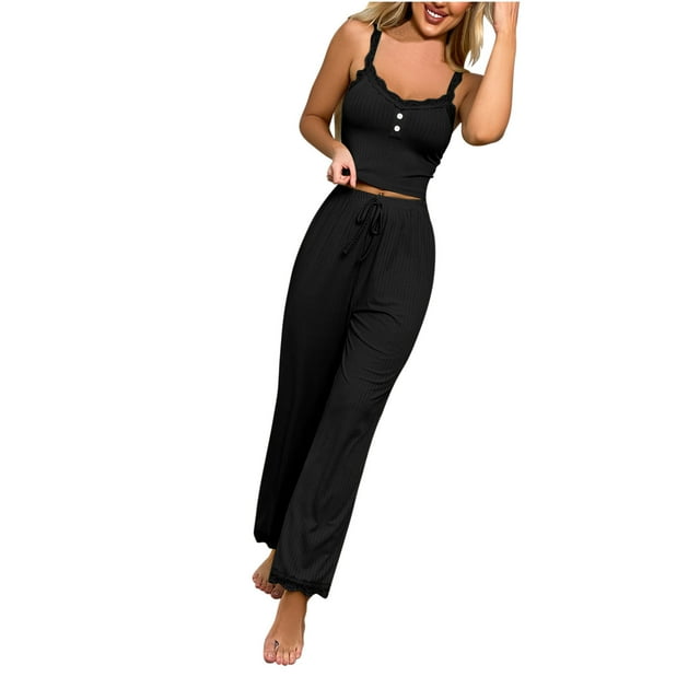 FAIWAD Ensemble de Pyjama 2 Pcs pour Femmes, Haut Court à Boutons et Pantalon Long avec Dentelle