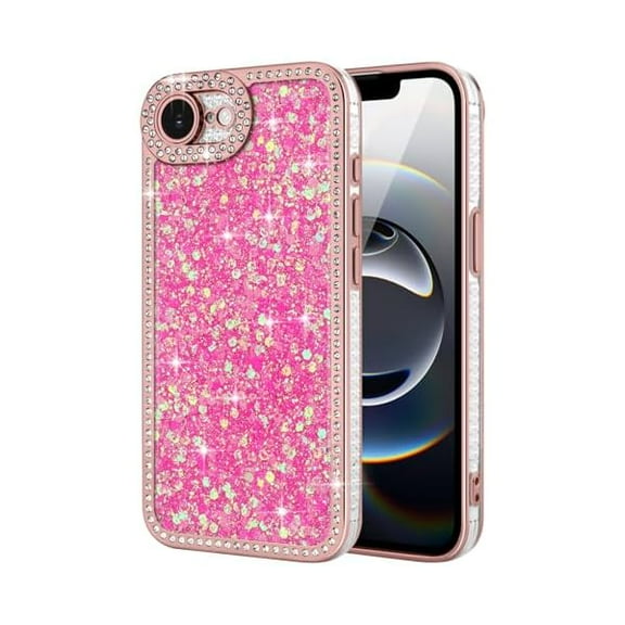for iPhone 16e Case Glitter, Luxury Shiny Bling Sparkly Bumper Cover with Crystal Diamonds for Women Girls Soft TPU Slim Shockproof Protective Phone Case for iPhone 16e 6.1", Hot Pink