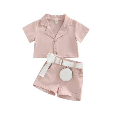 

CenturyX 3PCS Kids Girl Summer Clothing Formal Shirt Short Sleeve Lapel Collar Button-Down Solid Top Crimped Shorts Belt With PU Bag Pink 4-5 Years
