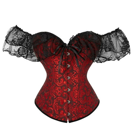 

CLZOUD Bra and Panties Red Polyester Spandex Women Fashion Corset Tops Satin Short Sleeve Lace Up Retro Court Style Boned Bustier Floral Push Up Bodycon Shaperwear M