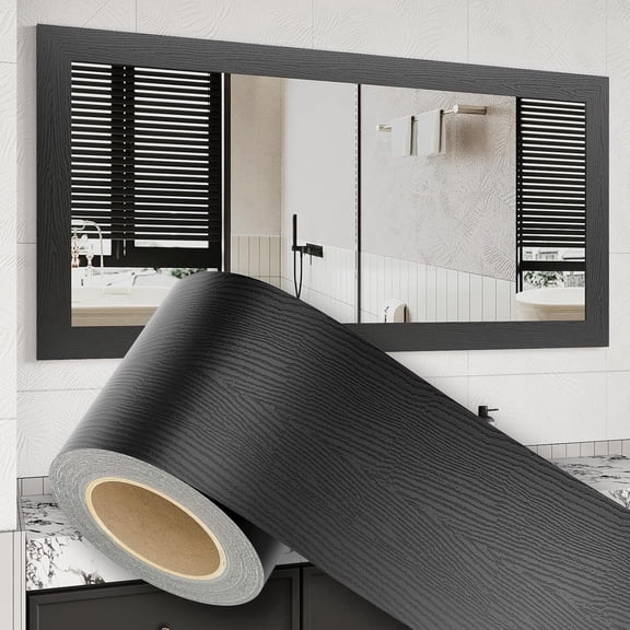 32ft Black Border Peel & Stick Wood Grain,Self Adhesive Mirror Frame Border,Removable Waterproof Bathroom Mirror Tape Sticker Trim,3.93x32ft