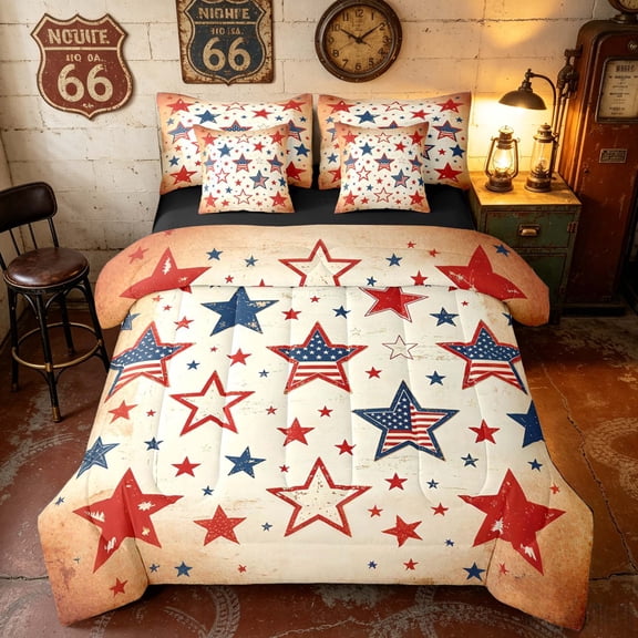 Manfei Vintage Stars Twin Bedding, July 4th Independence Day Bedding Comforter Set, Red White Blue, Black Reversible 7 Pieces