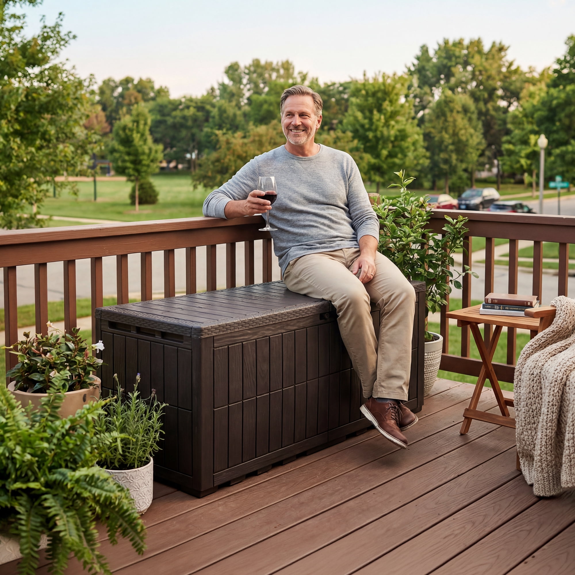 Uforic XXL 240 Gallon Outdoor Storage Deck Box, Waterproof Resin Patio Storage Container with Lockable Design, 3-Person Bench Seat for Garden Tools, Pool Supplies and Patio Cushions, Dark Brown