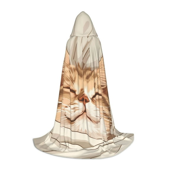 Honeii Sleeping Cat In Blanket Print Poncho Cape, Cloak Coat, Snuggly Hooded Wearable Blanket, Hooded Cape For Teenagers,Halloween Costumes-